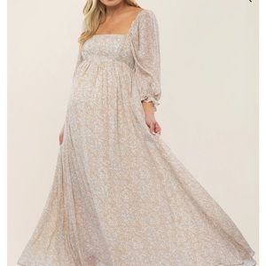 Beige Chiffon Printed Square Neck Empire Maternity Maxi Dress